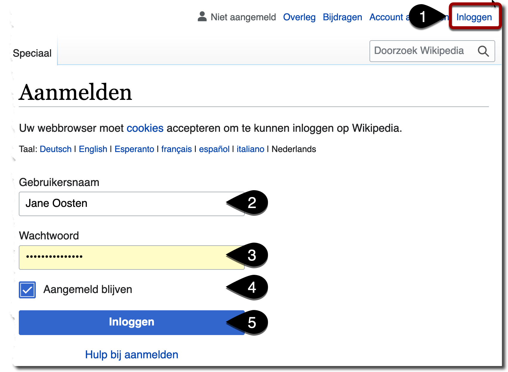 de verschillende stappen om in te loggen op Wikipedia. 