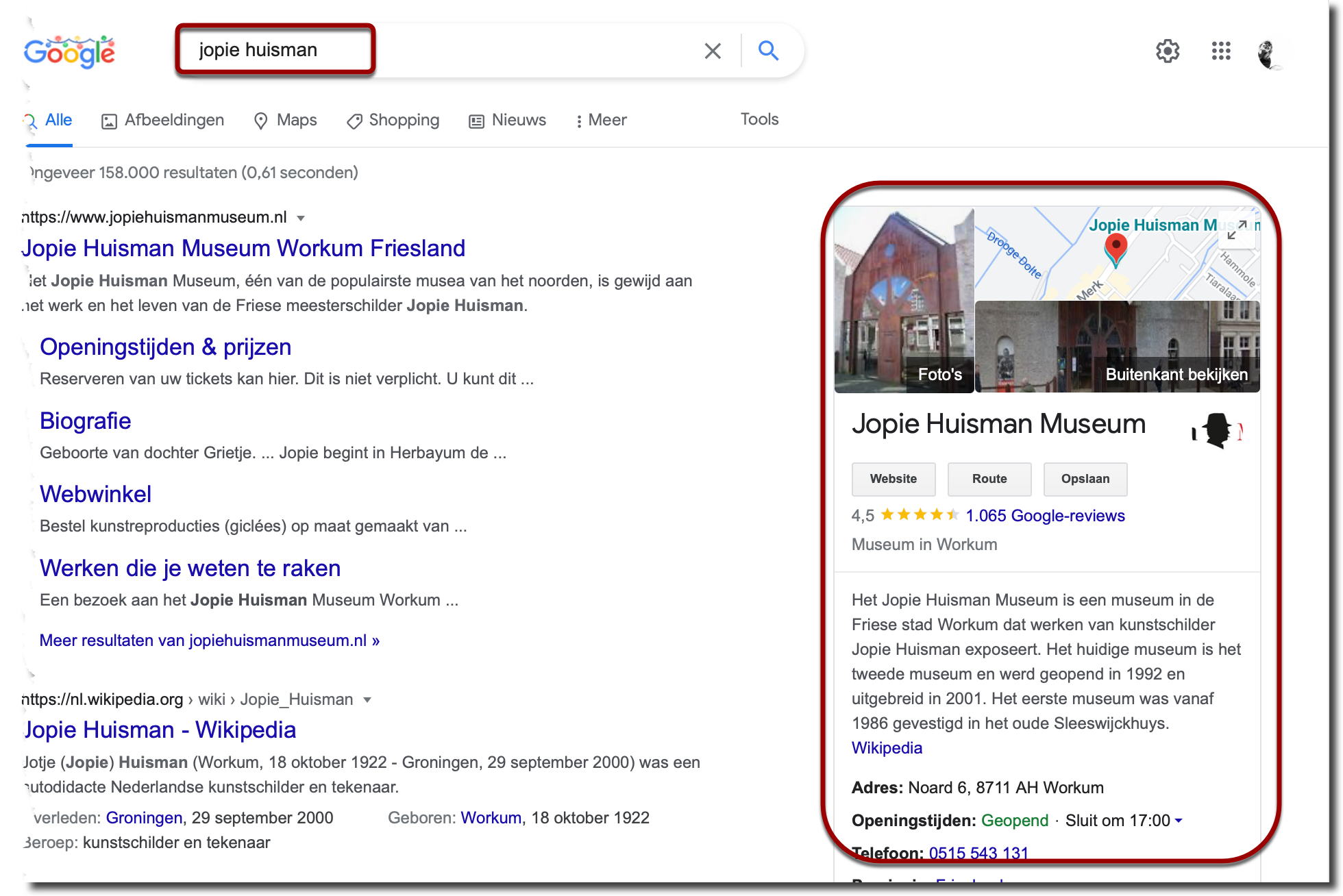 Google Knowledge panel aan de rechterkant van het scherm n.a.v. de zoekopdracht 'Jopie Huisman' 